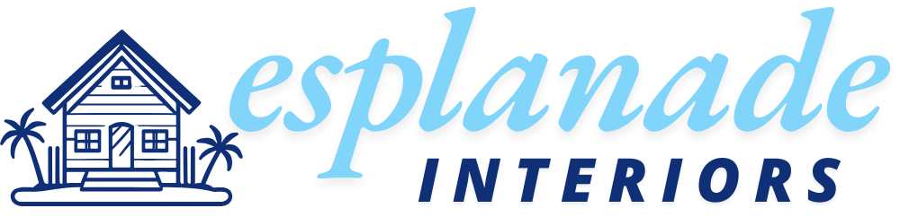 The Esplanade Interiors logo features a clean and inviting design, perfectly reflecting the brand's focus on custom interior design and builds in Southend-on-Sea. The logo showcases a charming outline of a coastal-style house with large windows, a pointed roof, and symmetrical palm trees on either side, evoking a sense of coastal elegance and relaxation. Beneath the house illustration, the brand name "Esplanade Interiors" is written in a modern, stylish font. "Esplanade" is in a soft gradient of blue shades, symbolising calmness and creativity, while "Interiors" is in a bold, deep navy blue, emphasising sophistication and professionalism. The overall design conveys a harmonious blend of coastal charm and high-quality craftsmanship, reflecting their bespoke interior design expertise tailored to the vibrant seaside lifestyle of Southend-on-Sea.